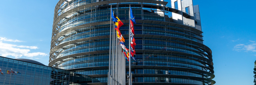 Europäisches Parlament mit Flaggen in Sonnenschein