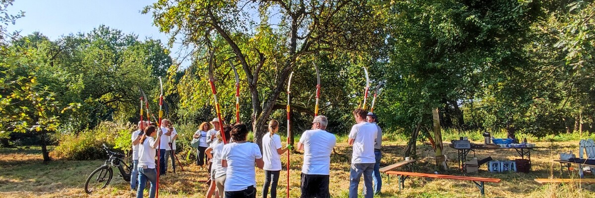 Mehrere Personen stehen mit Schnittwerkzeug auf einer Streuobstwiese in Wiesbaden