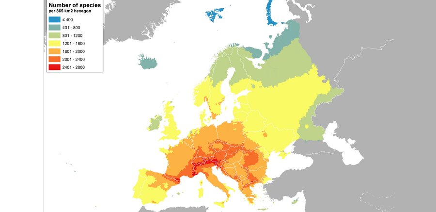 Europäische Karte mit räumlicher Verteilung des Artenreichtums