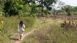 Eine Indigener durchquert eine Landschaft.