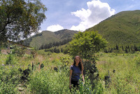 Katja Wiese steht inmitten bepflanzter Flächen in Bolivien