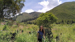 Katja Wiese auf bewirtschafteter Parzelle vor Andenhängen in Bolivien
