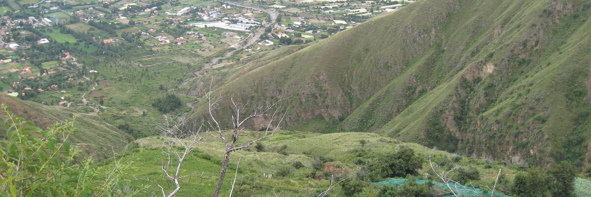 Blick von den grün bewachsenen Anden ins bewohnte Tal von Cochabamba