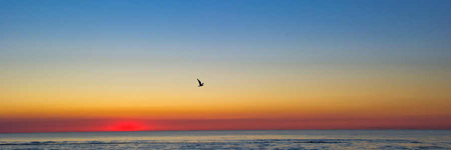 Rot, gelb, blauer Sonnenuntergang über dem Meer