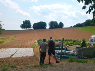 Zwei Personen stehen vor einer Feldanhöhe, die bepflanzt werden soll.