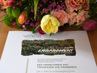 Preisurkunde "Tropheé de Femmes" und Blumenstrauß