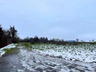 Ausblick auf Feld das mit Eis und Schnee bedeckt ist