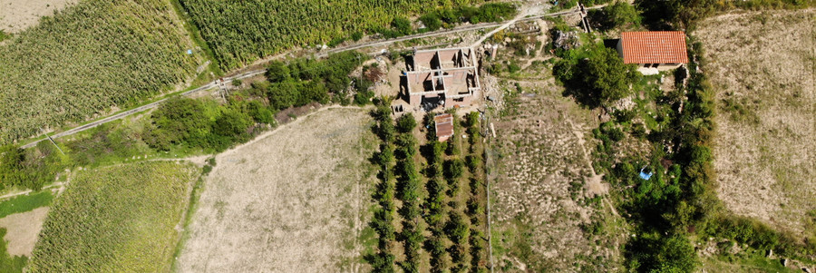 Drohnenaufnahme einer Dynamischen Agroforstparzelle im Hochland von Bolivien neben landwirtschaftlichen Flächen ohne Baumbewuchs